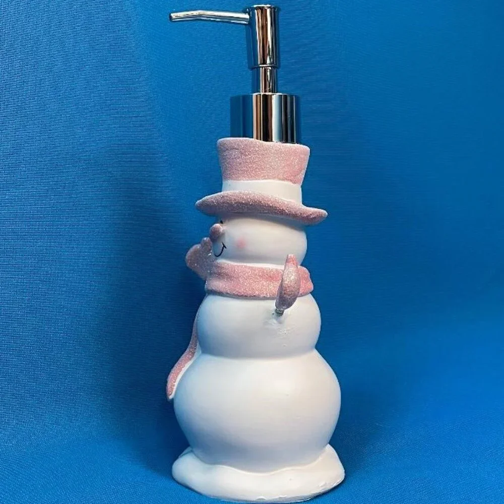NEW ADORABLE SNOWMAN SOAP / LOTION PUMP DISPENSER WHITE & PINK GLITTER SPARKLE